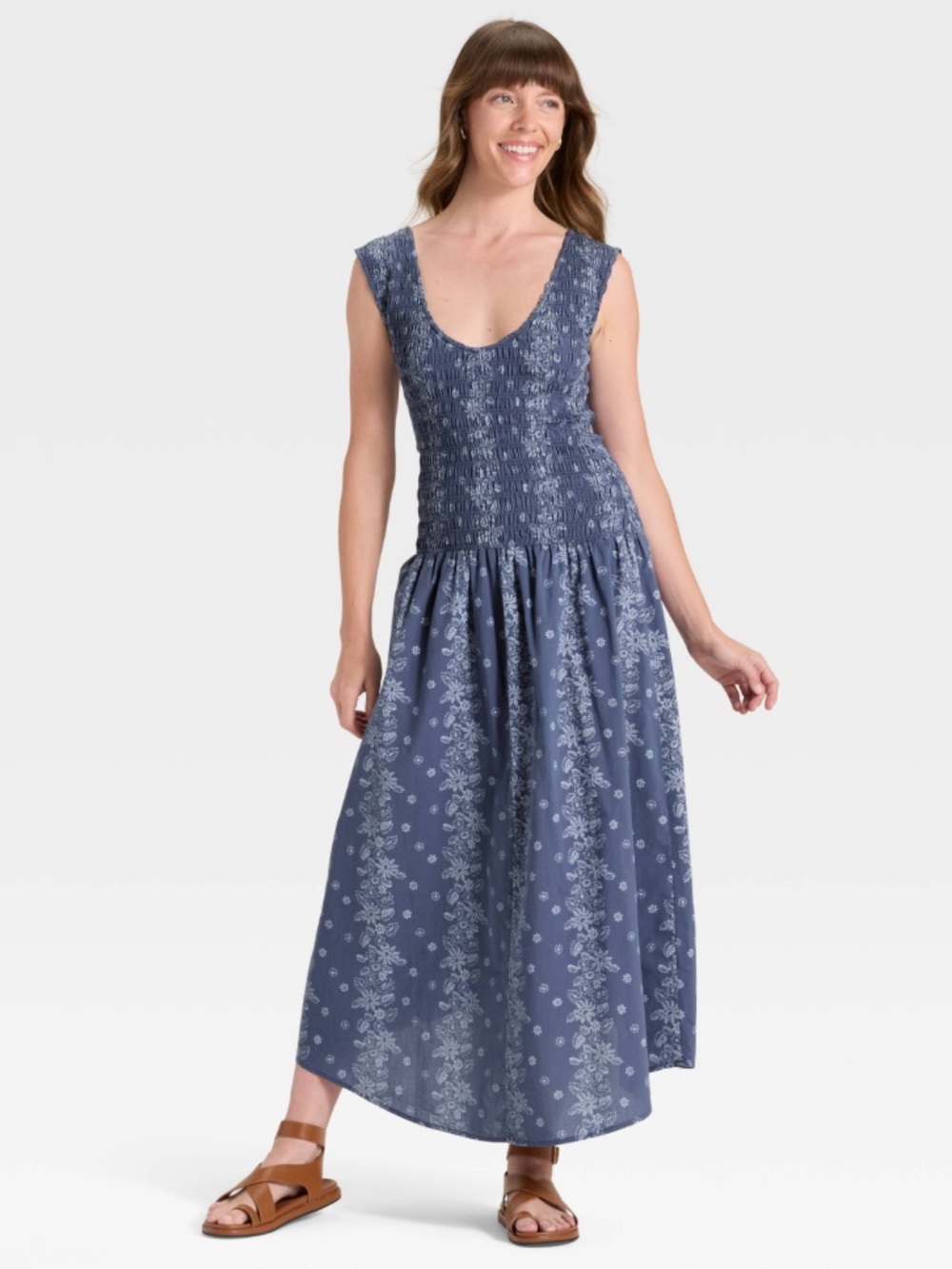 NEW Universal Thread Smocked A-Line Ruched Dress Blue Floral 100% Cotton Sz XS